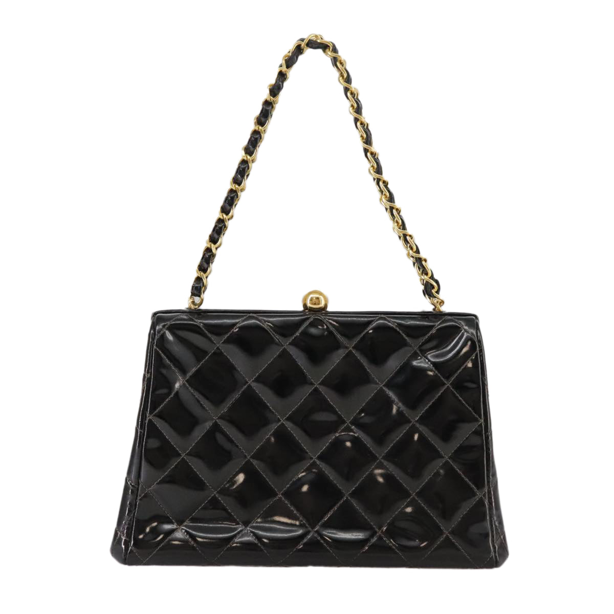 CHANEL Matelasse Chain Hand Bag Patent leather Black Gold CC Auth hk1896