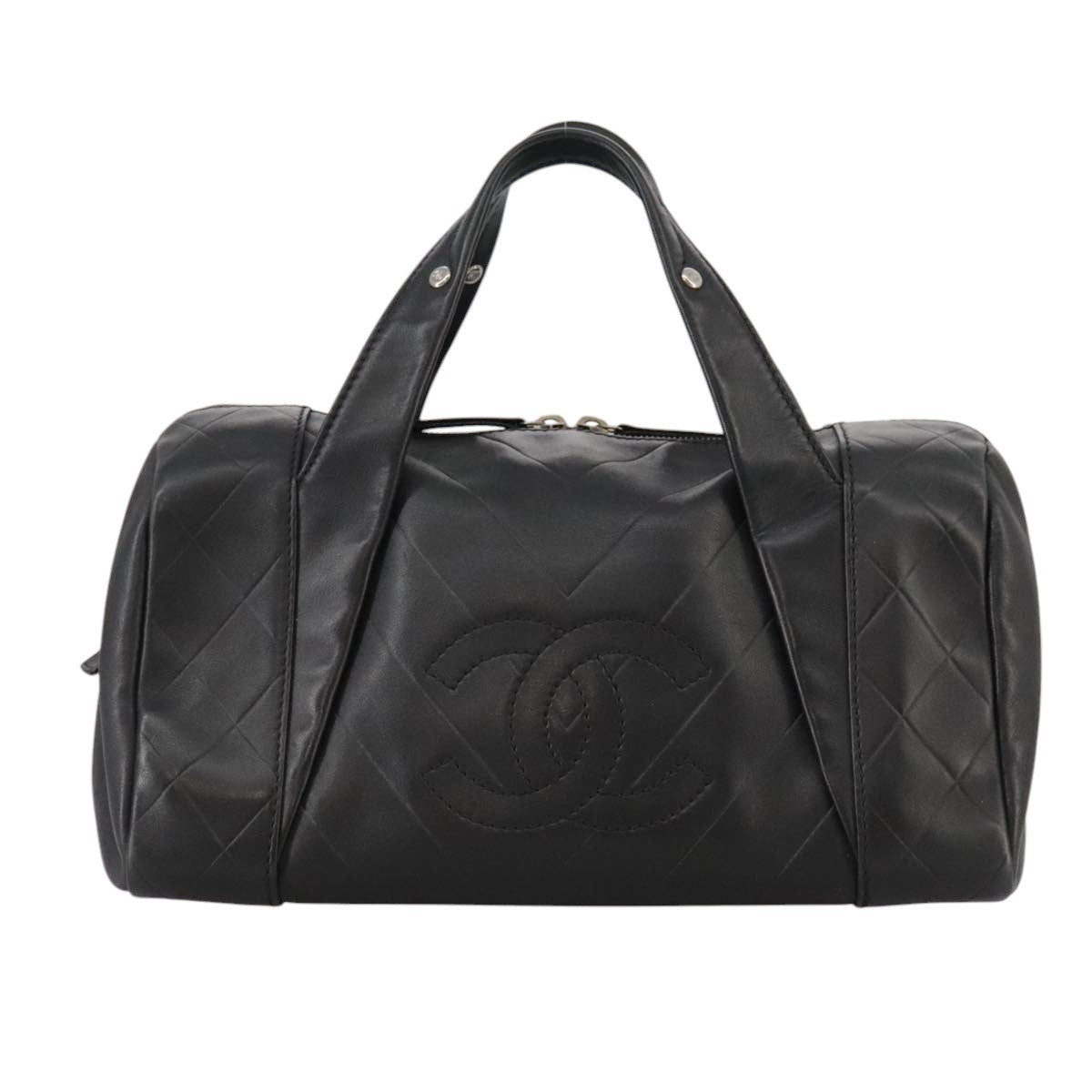 CHANEL V Stitch Hand Bag Leather Black Silver CC Auth hk1897V