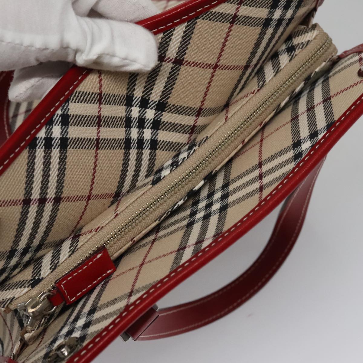 BURBERRY Blue Label Nova Check Tote Bag Canvas Red Beige Auth hk1956