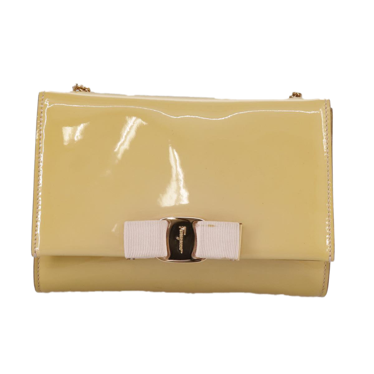 Salvatore Ferragamo Chain Shoulder Bag Enamel Yellow Auth hk1961