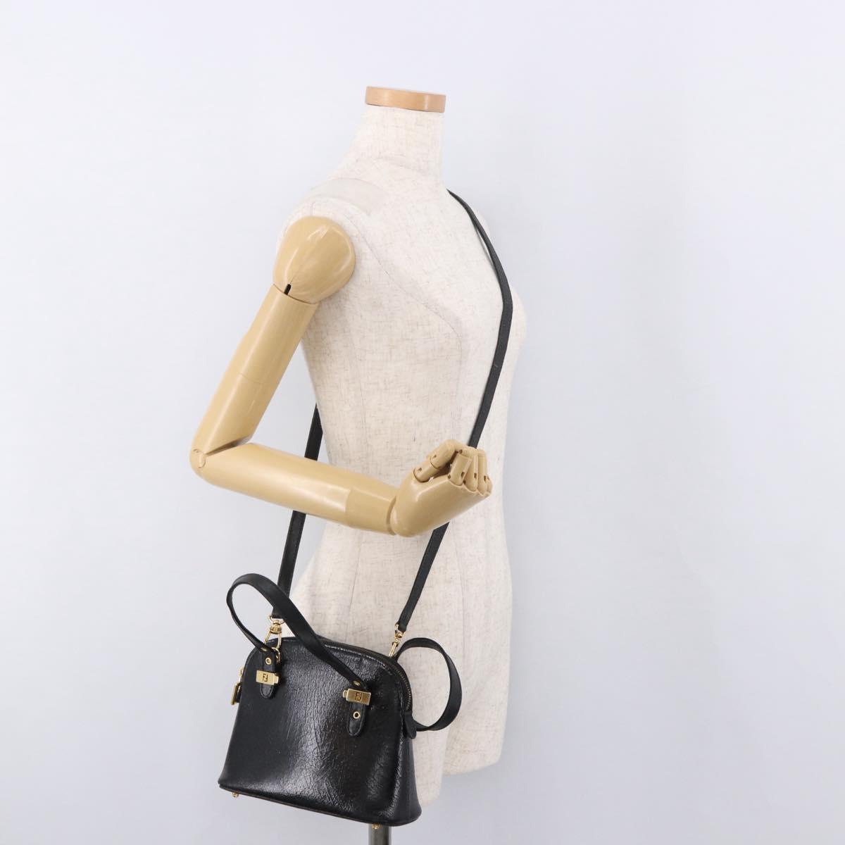 FENDI Hand Bag Leather 2way Black Gold Auth hk1976