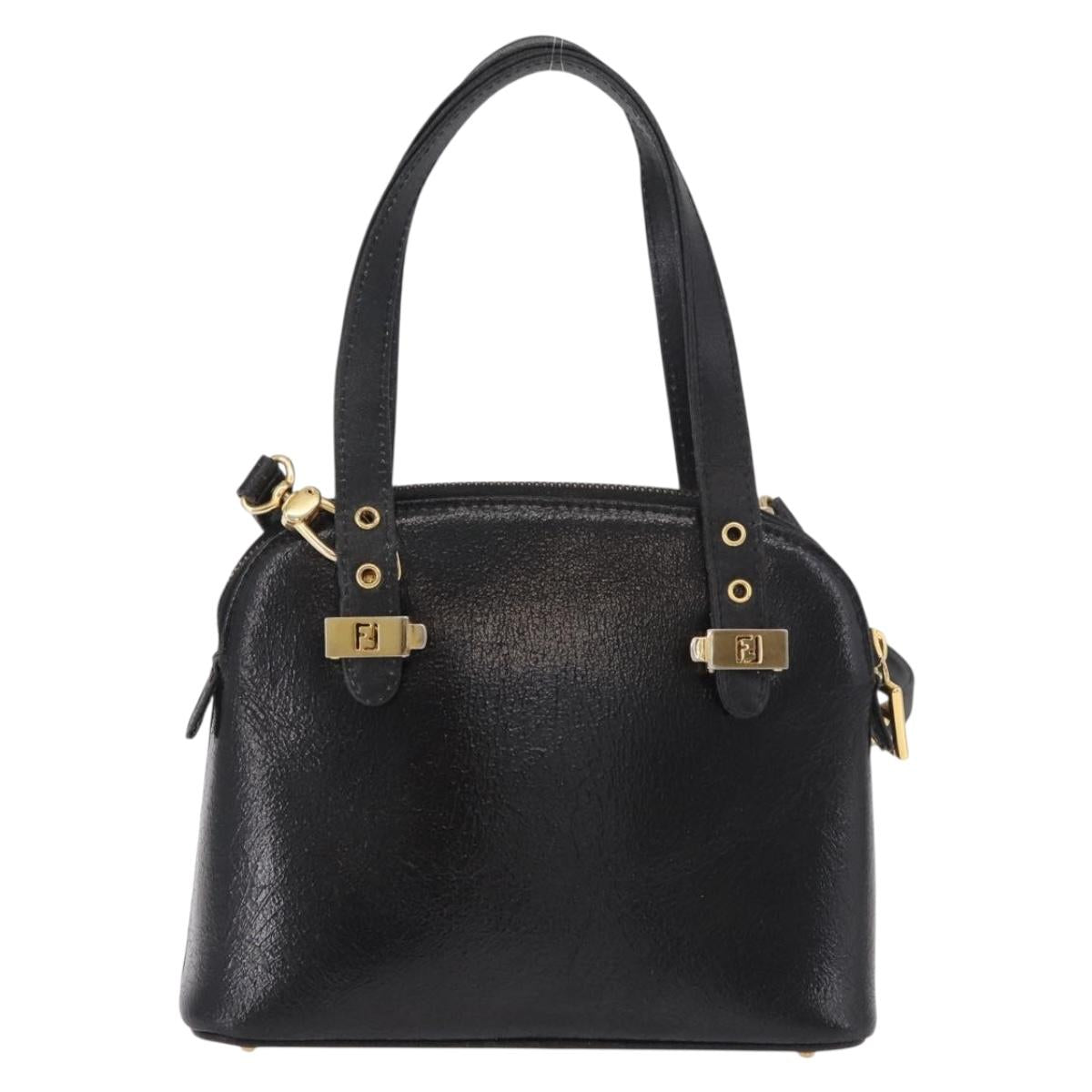 FENDI Hand Bag Leather 2way Black Gold Auth hk1976