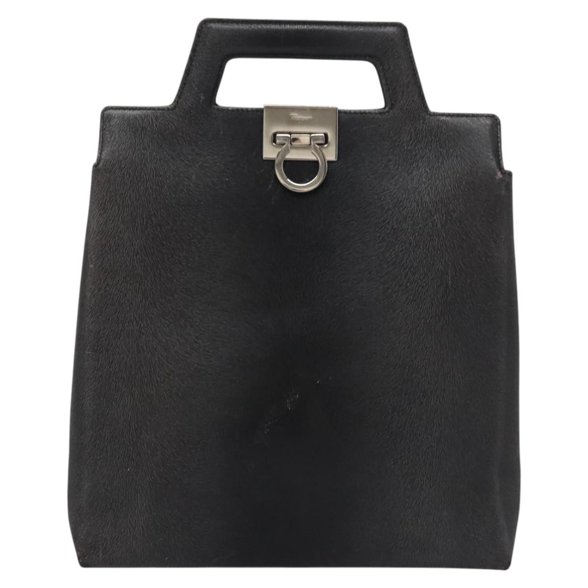 Salvatore Ferragamo Gancini Hand Bag Leather 2way Black Silver Auth hk2026