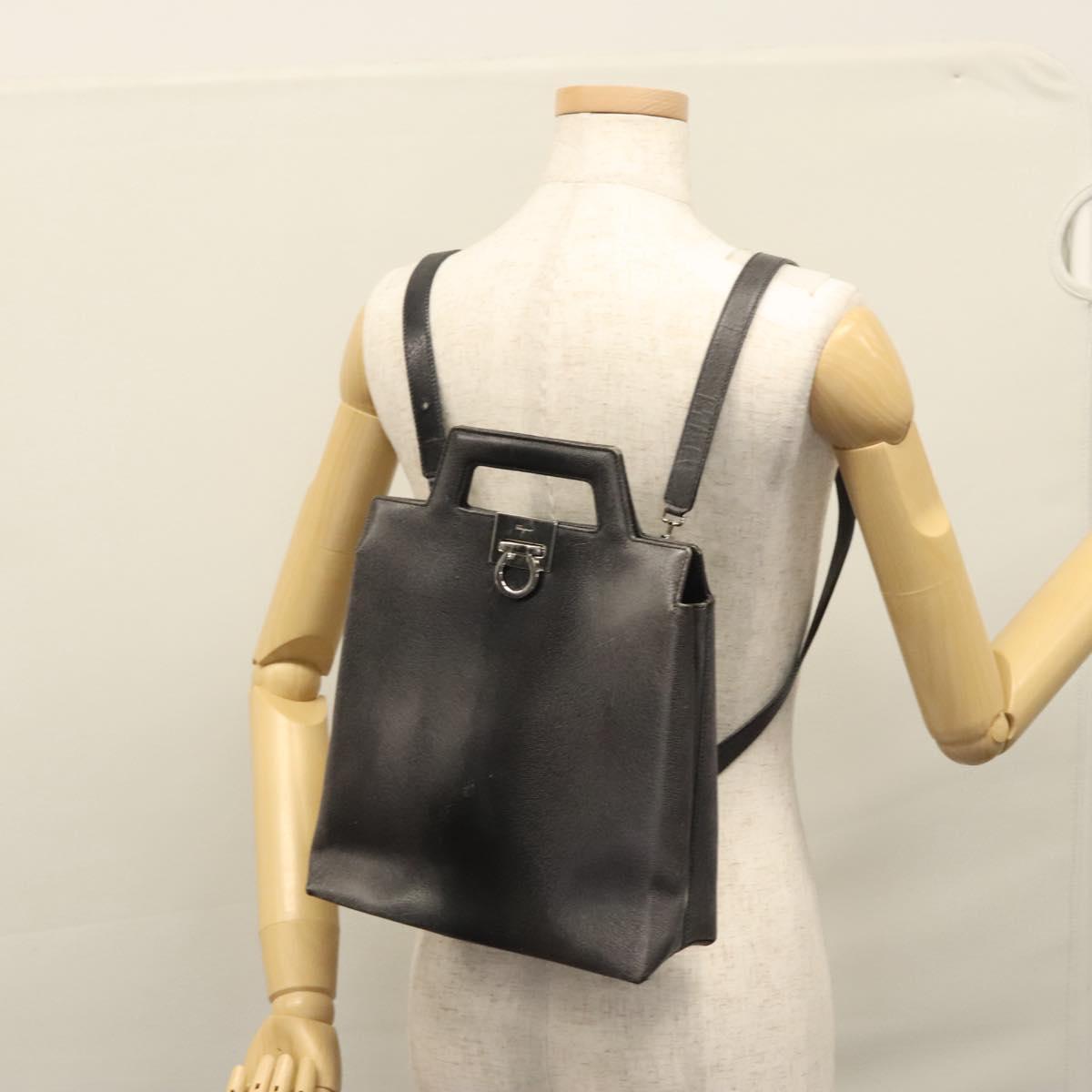 Salvatore Ferragamo Gancini Hand Bag Leather 2way Black Silver Auth hk2026