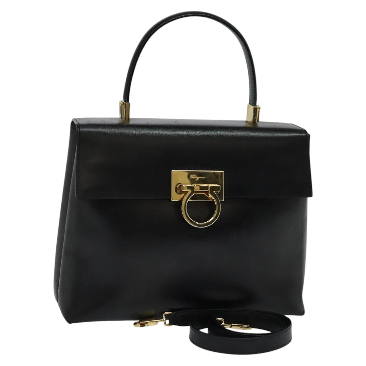 Salvatore Ferragamo Gancini Hand Bag Leather 2way Black Gold Auth hk2029
