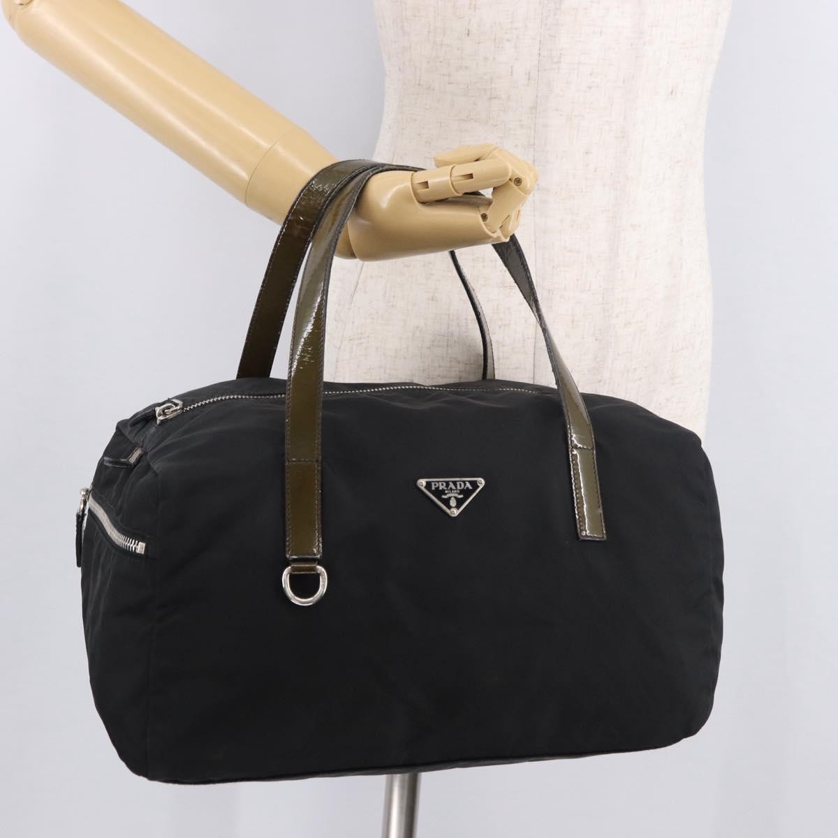 PRADA Hand Bag Nylon Enamel Black Khaki Silver Auth hk2037