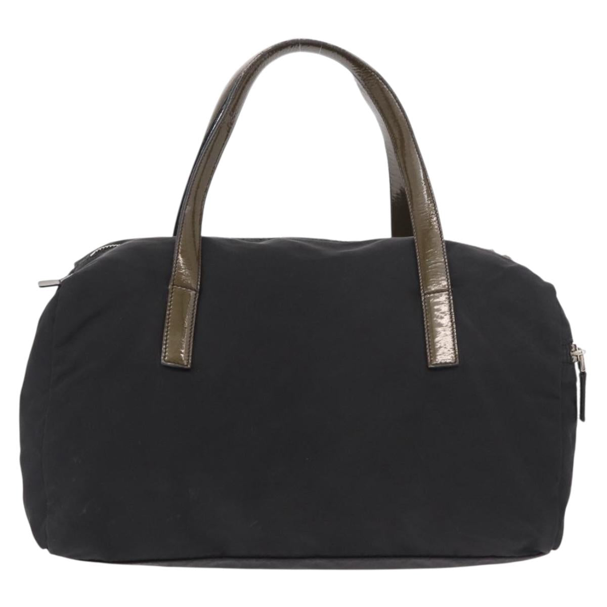 PRADA Hand Bag Nylon Enamel Black Khaki Silver Auth hk2037