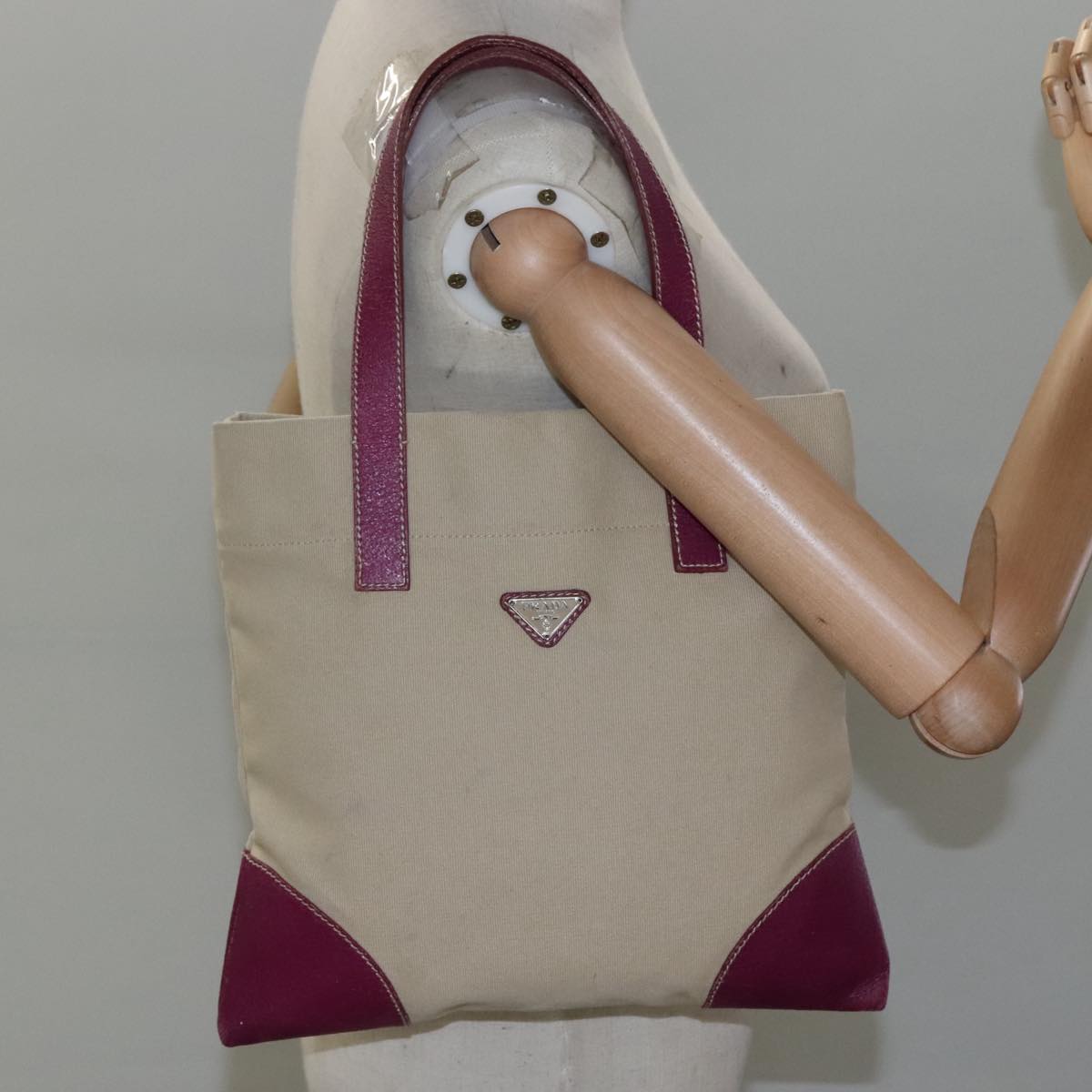 PRADA Tote Bag Canvas Suede Beige Purple Silver Auth hk2041