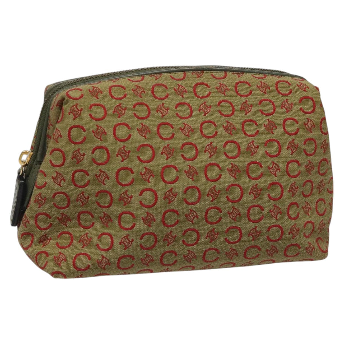 CELINE C Macadam Canvas Accessory Pouch Beige Red gold Auth hk2051