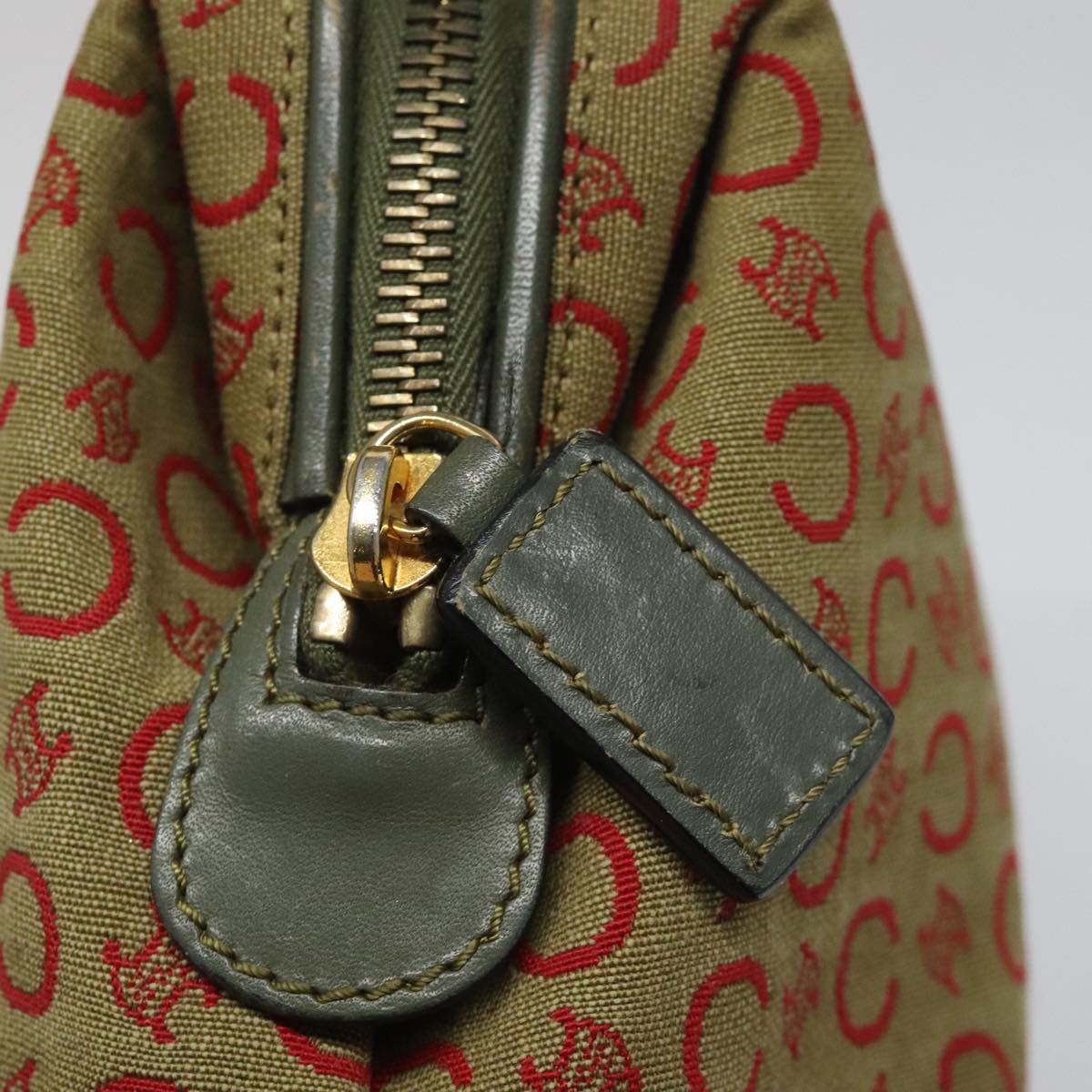 CELINE C Macadam Canvas Accessory Pouch Beige Red gold Auth hk2051