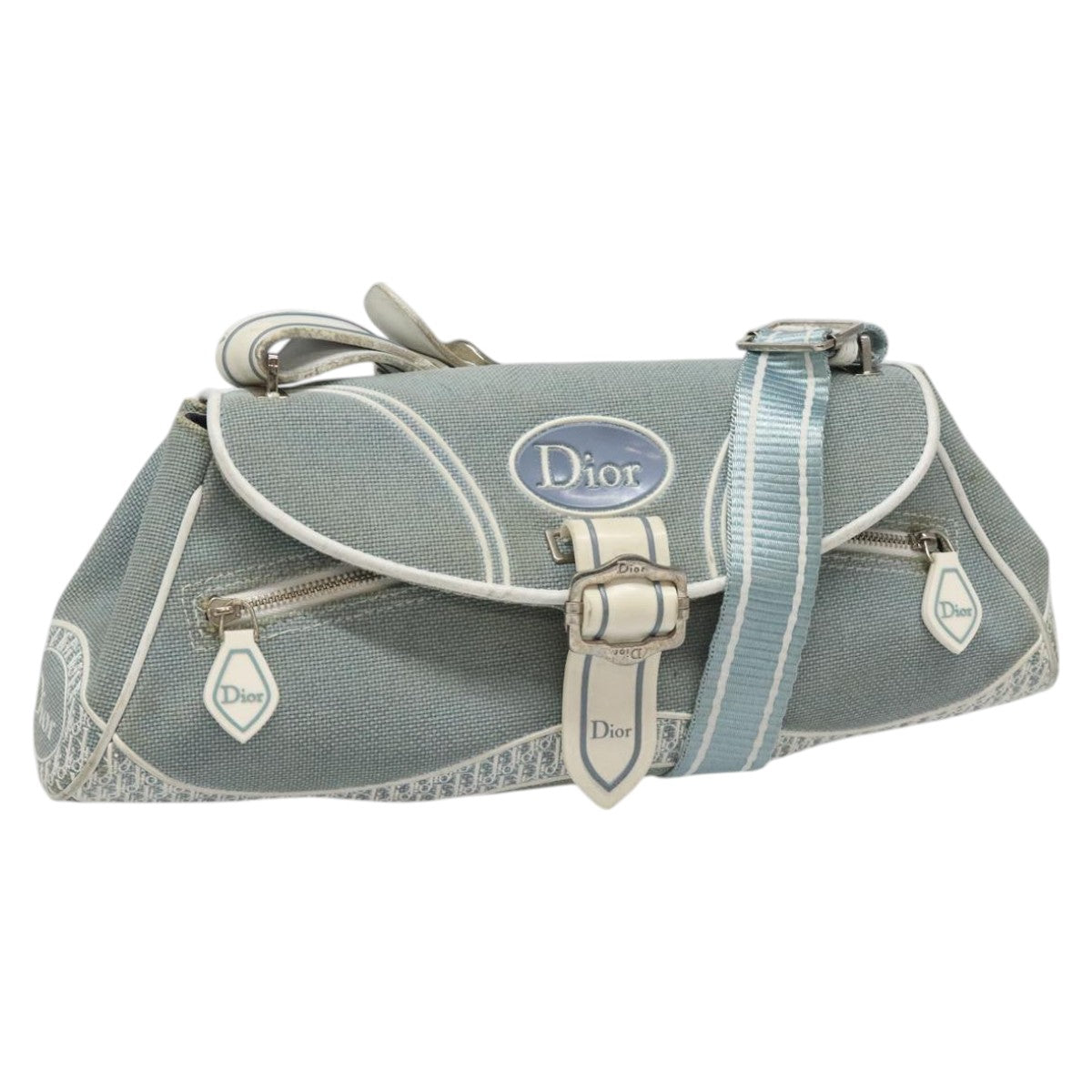 Christian Dior Trotter Canvas Shoulder Bag Canvas Blue White Silver Auth hk2057