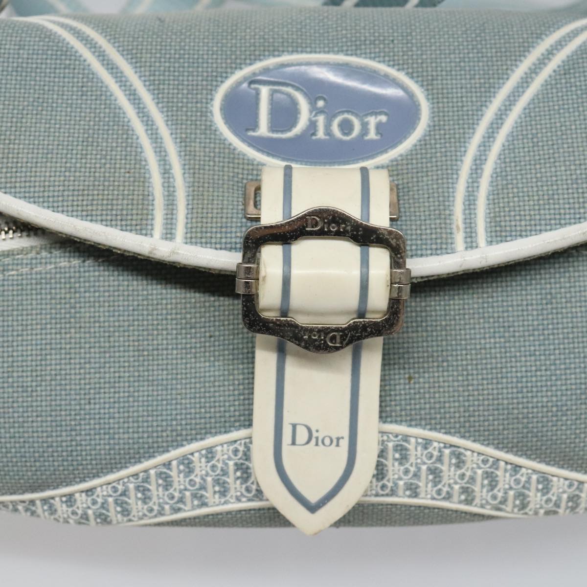 Christian Dior Trotter Canvas Shoulder Bag Canvas Blue White Silver Auth hk2057