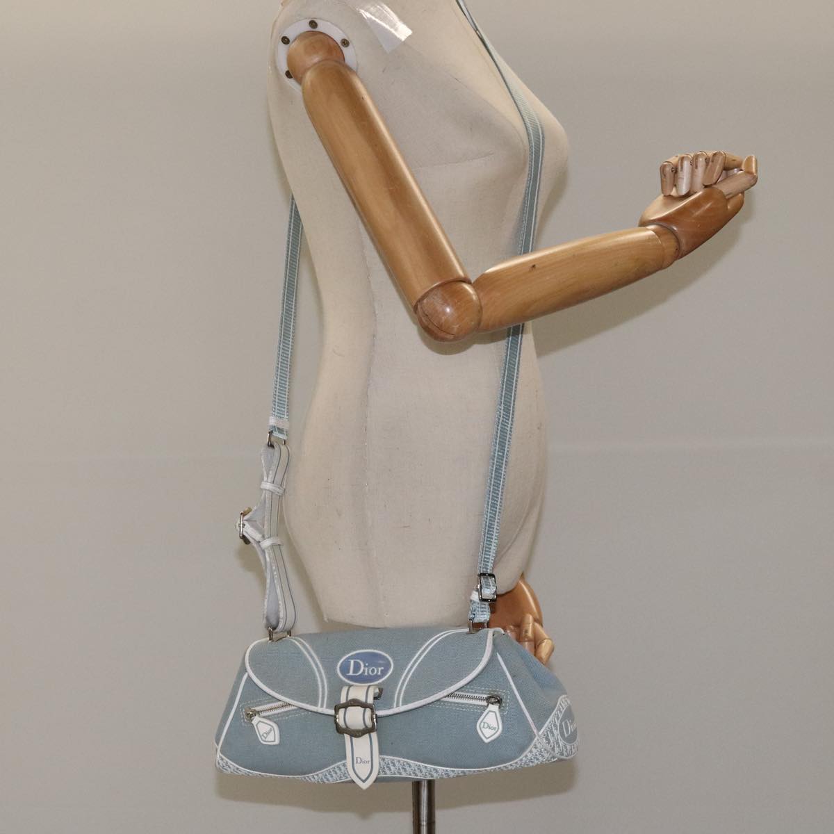 Christian Dior Trotter Canvas Shoulder Bag Canvas Blue White Silver Auth hk2057