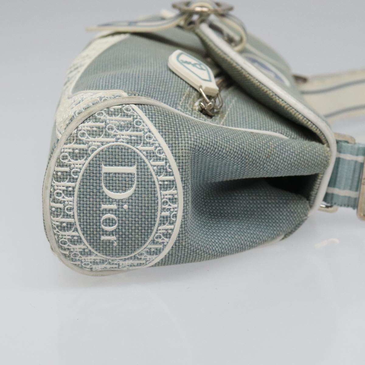 Christian Dior Trotter Canvas Shoulder Bag Canvas Blue White Silver Auth hk2057