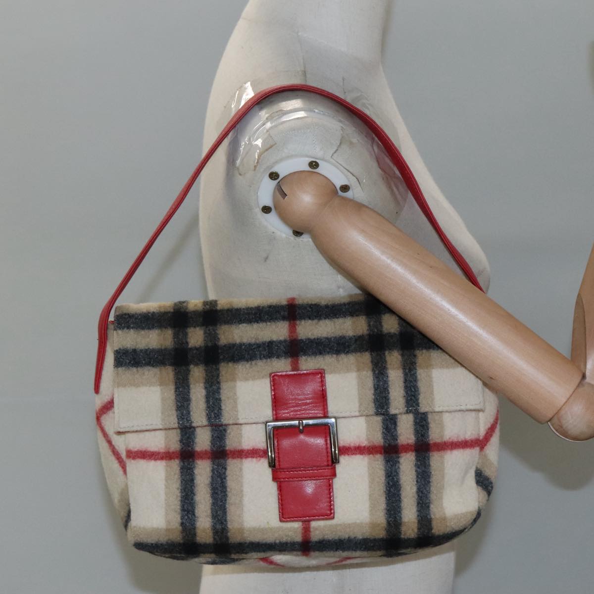 Burberrys Nova Check Blue Label Shoulder Bag Wool Beige Red Silver Auth hk2090