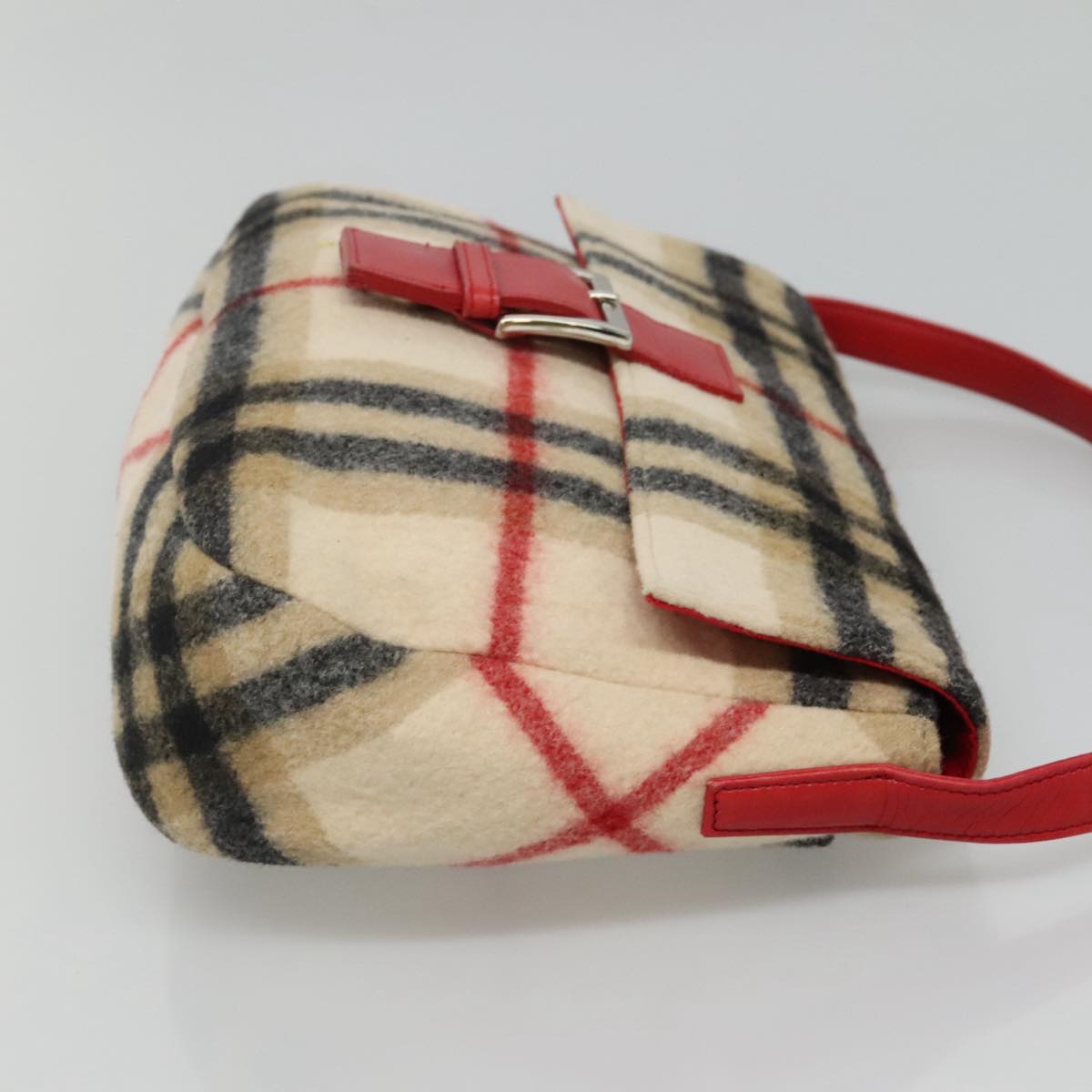 Burberrys Nova Check Blue Label Shoulder Bag Wool Beige Red Silver Auth hk2090