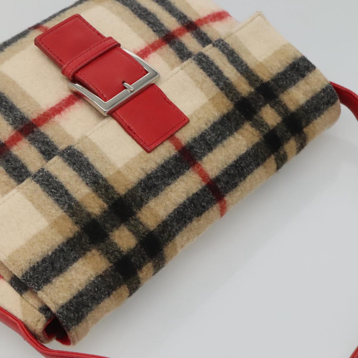 Burberrys Nova Check Blue Label Shoulder Bag Wool Beige Red Silver Auth hk2090