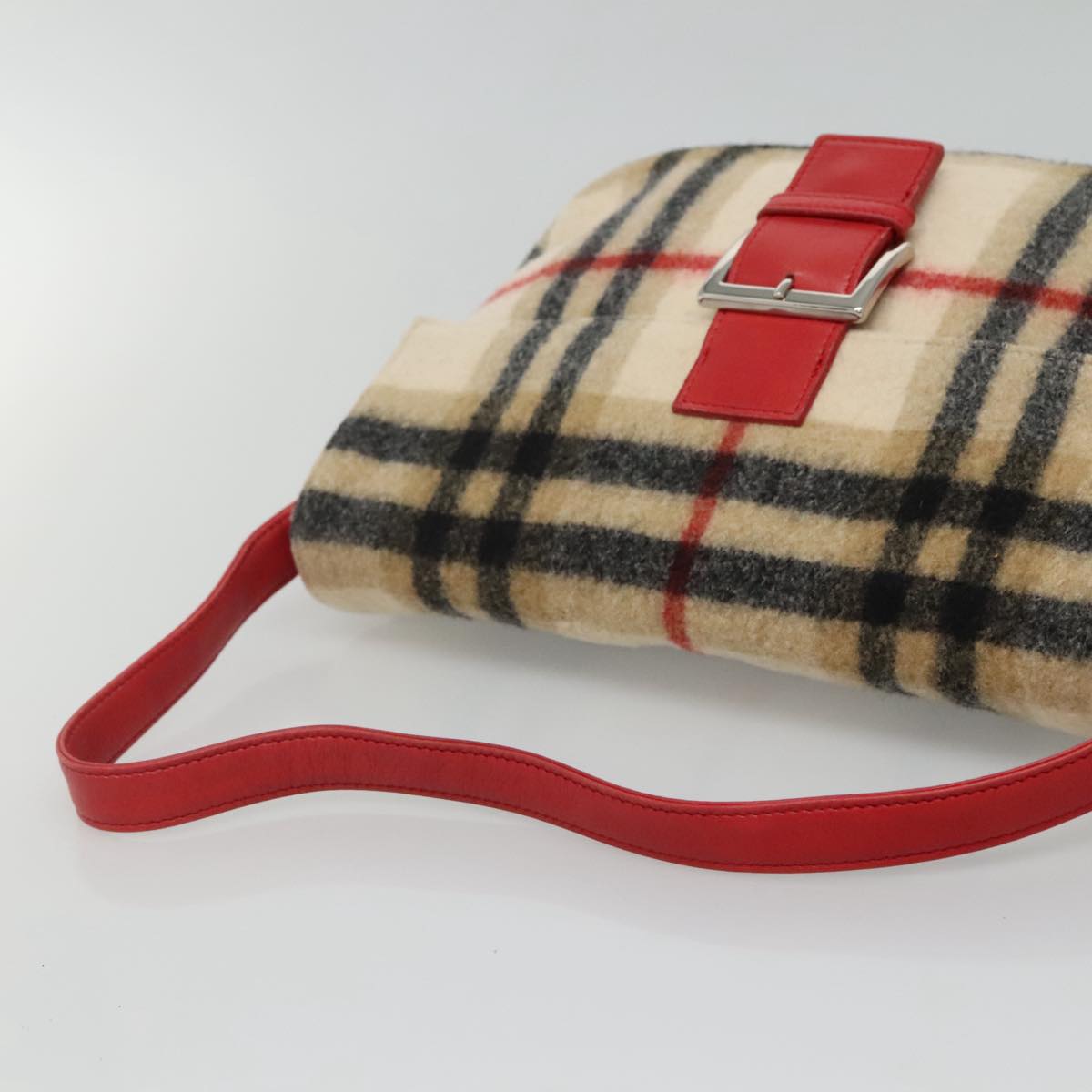 Burberrys Nova Check Blue Label Shoulder Bag Wool Beige Red Silver Auth hk2090