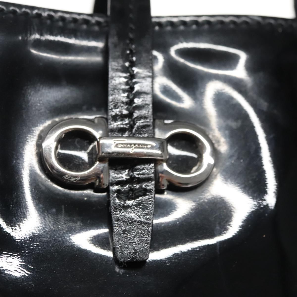 Salvatore Ferragamo Gancini Hand Bag Patent leather Black Silver Auth hk2206