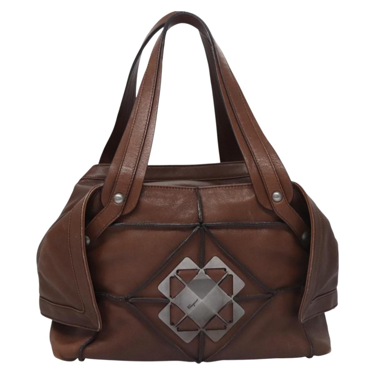 Salvatore Ferragamo Hand Bag Leather Brown Auth hk2207