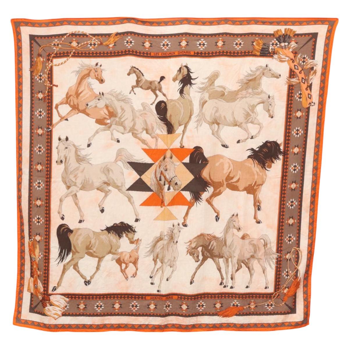 HERMES Carre 140 Scarf ""LES CHEVAUX QATARIS"" Cashmere Orange Beige Auth hk2281
