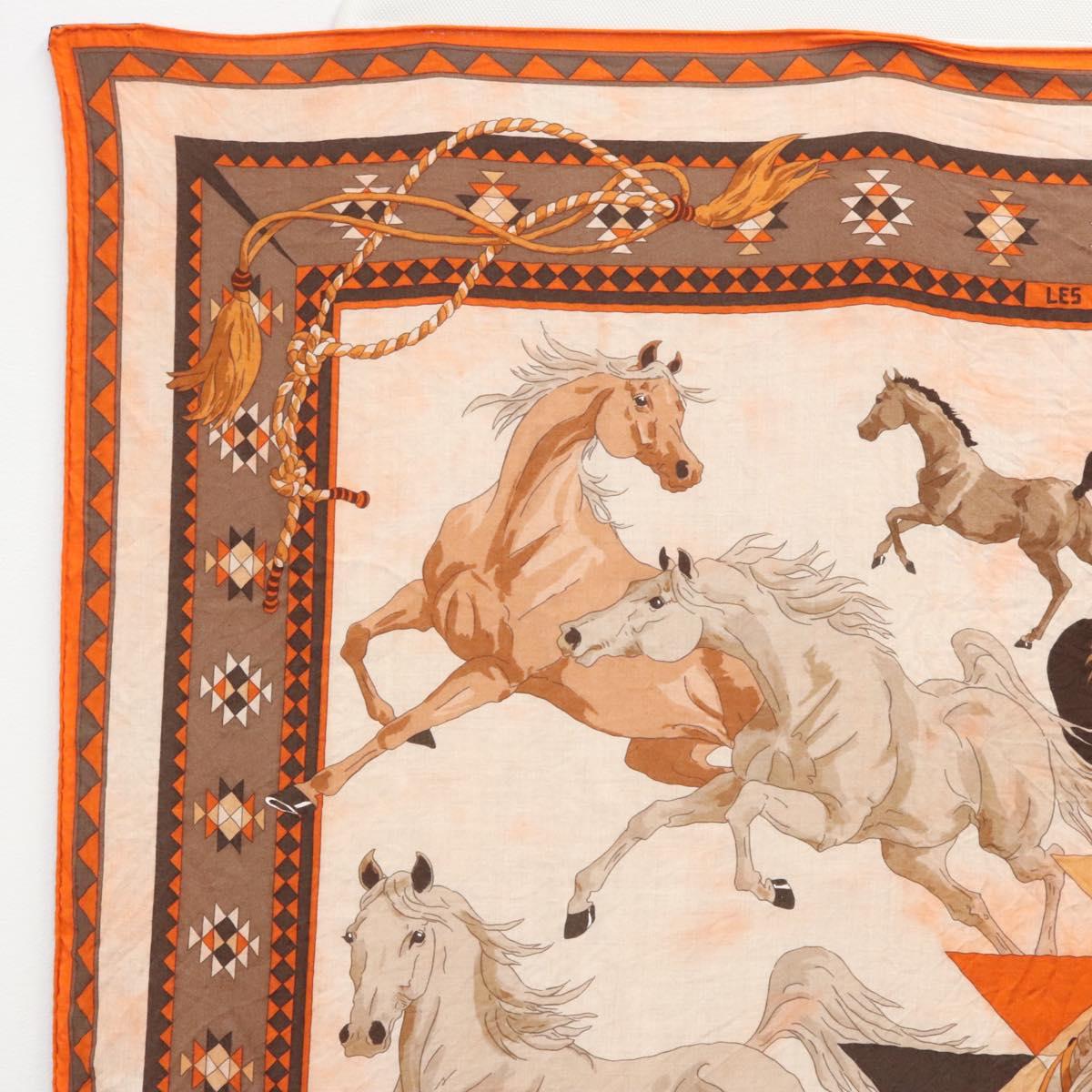 HERMES Carre 140 Scarf ""LES CHEVAUX QATARIS"" Cashmere Orange Beige Auth hk2281