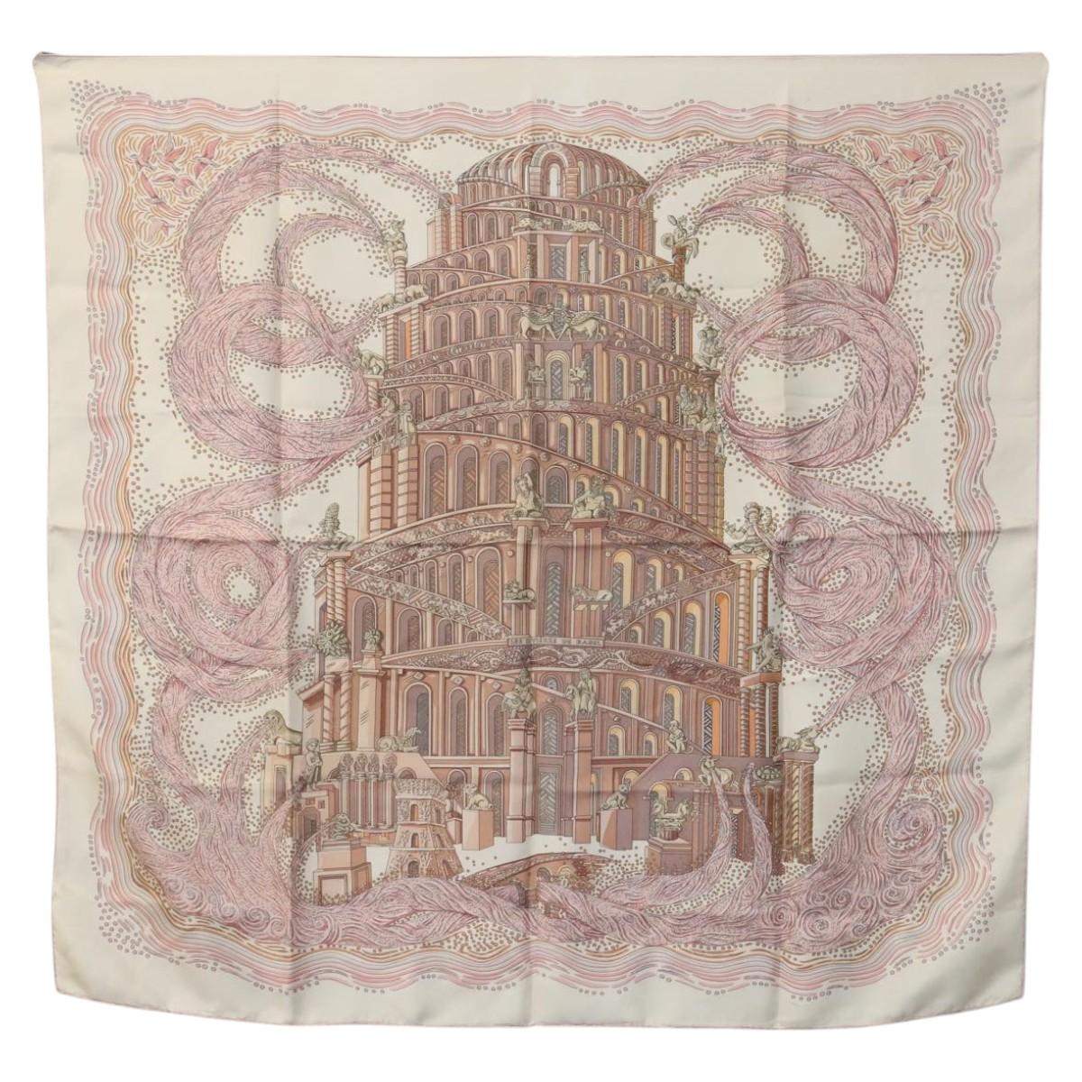 HERMES Carre 90 Scarf ""LES RIVIERES DE BABE"" Silk Pink Auth hk2370