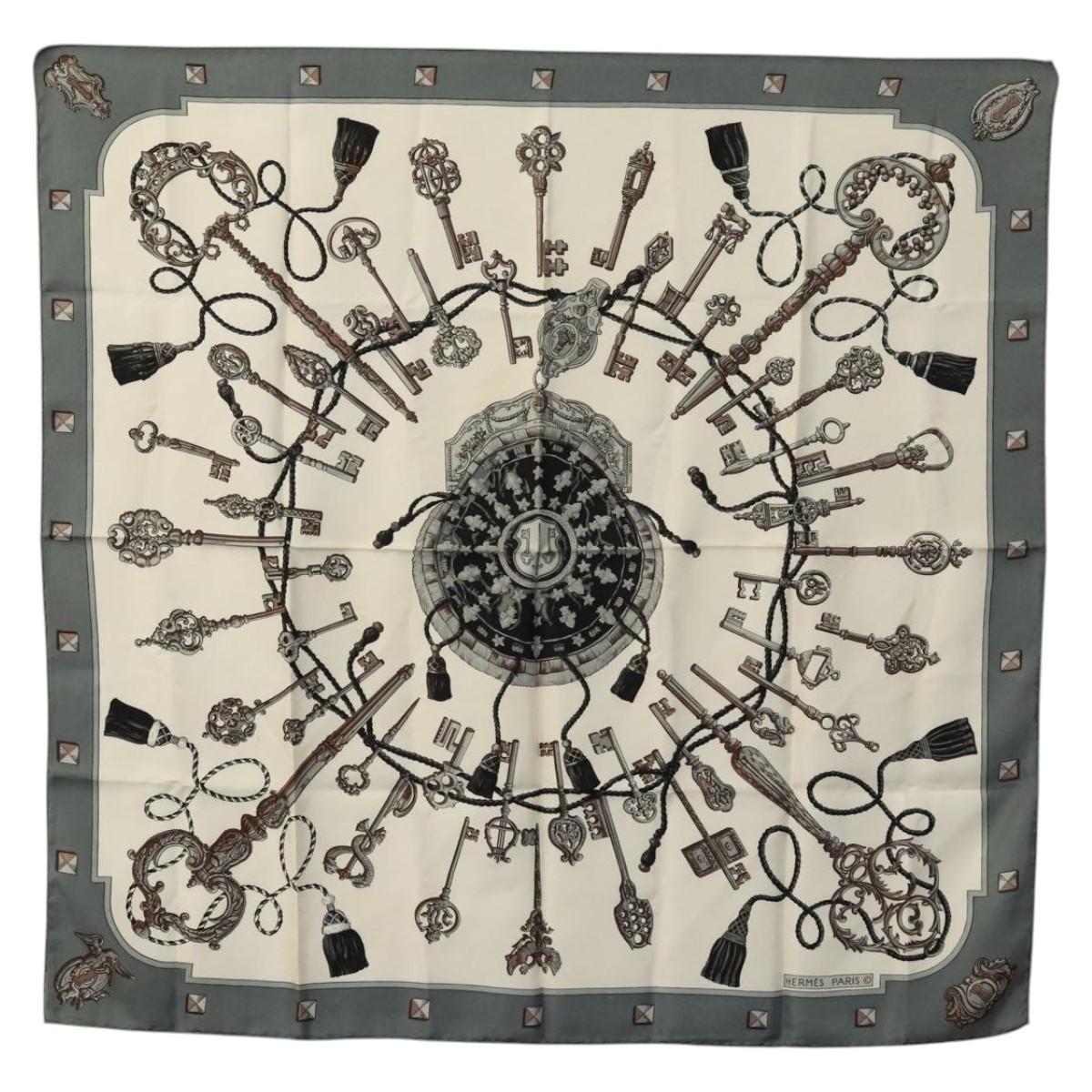 HERMES Carre 90 Scarf ""LES CLES THE KEYS RARE"" Silk Gray Auth hk2371