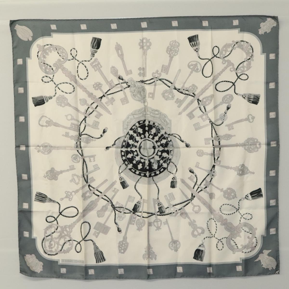 HERMES Carre 90 Scarf ""LES CLES THE KEYS RARE"" Silk Gray Auth hk2371