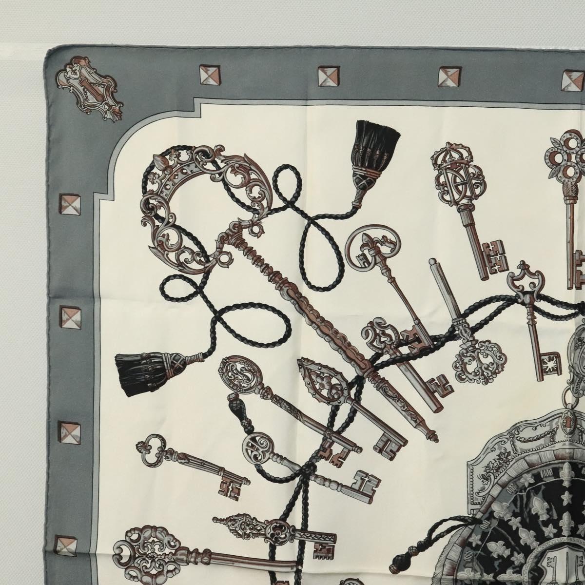 HERMES Carre 90 Scarf ""LES CLES THE KEYS RARE"" Silk Gray Auth hk2371