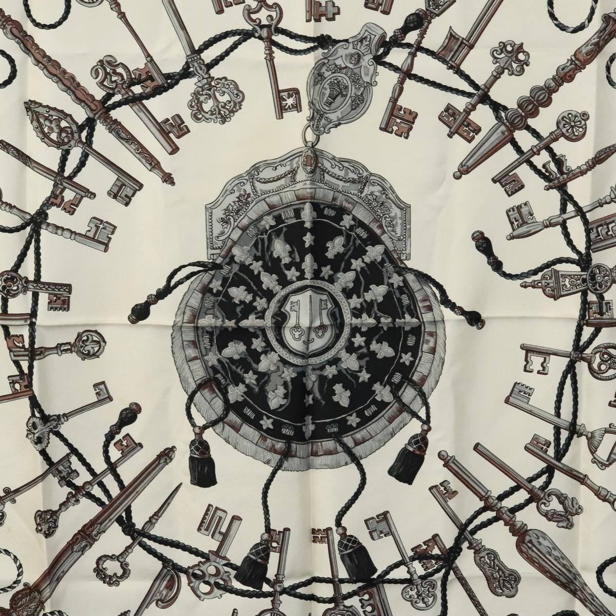 HERMES Carre 90 Scarf ""LES CLES THE KEYS RARE"" Silk Gray Auth hk2371