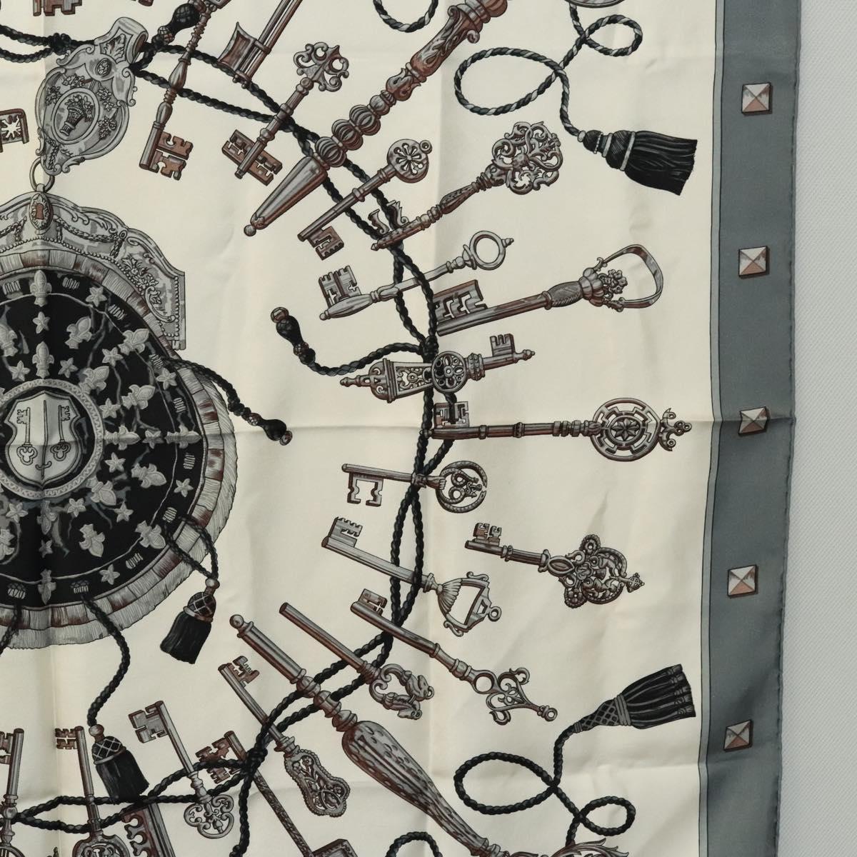 HERMES Carre 90 Scarf ""LES CLES THE KEYS RARE"" Silk Gray Auth hk2371