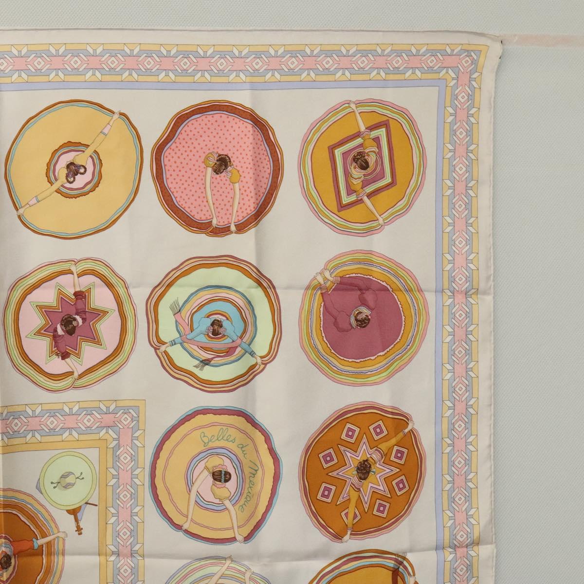 HERMES Carre 90 Scarf ""Belles du Mexique"" Silk Beige Auth hk2373