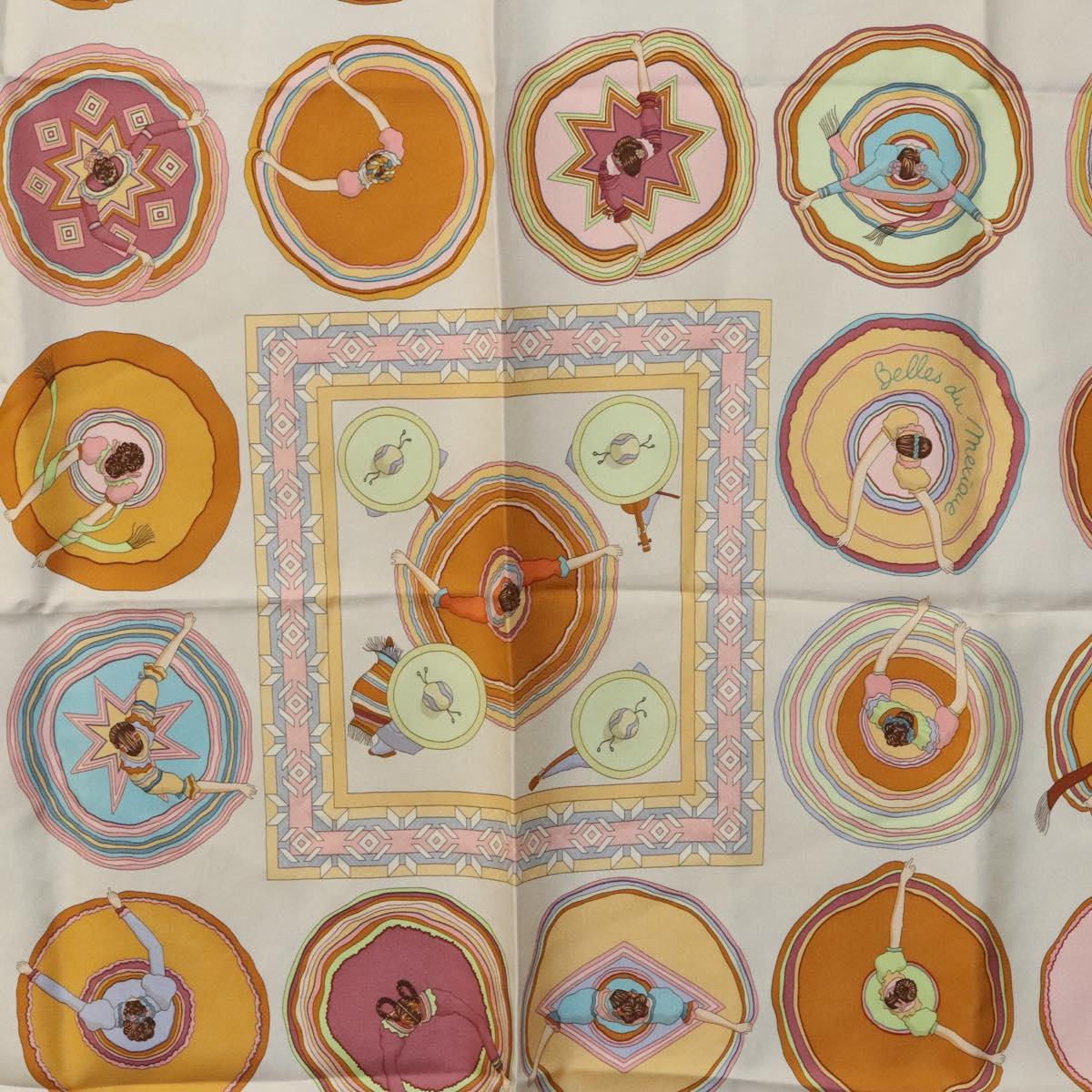 HERMES Carre 90 Scarf ""Belles du Mexique"" Silk Beige Auth hk2373