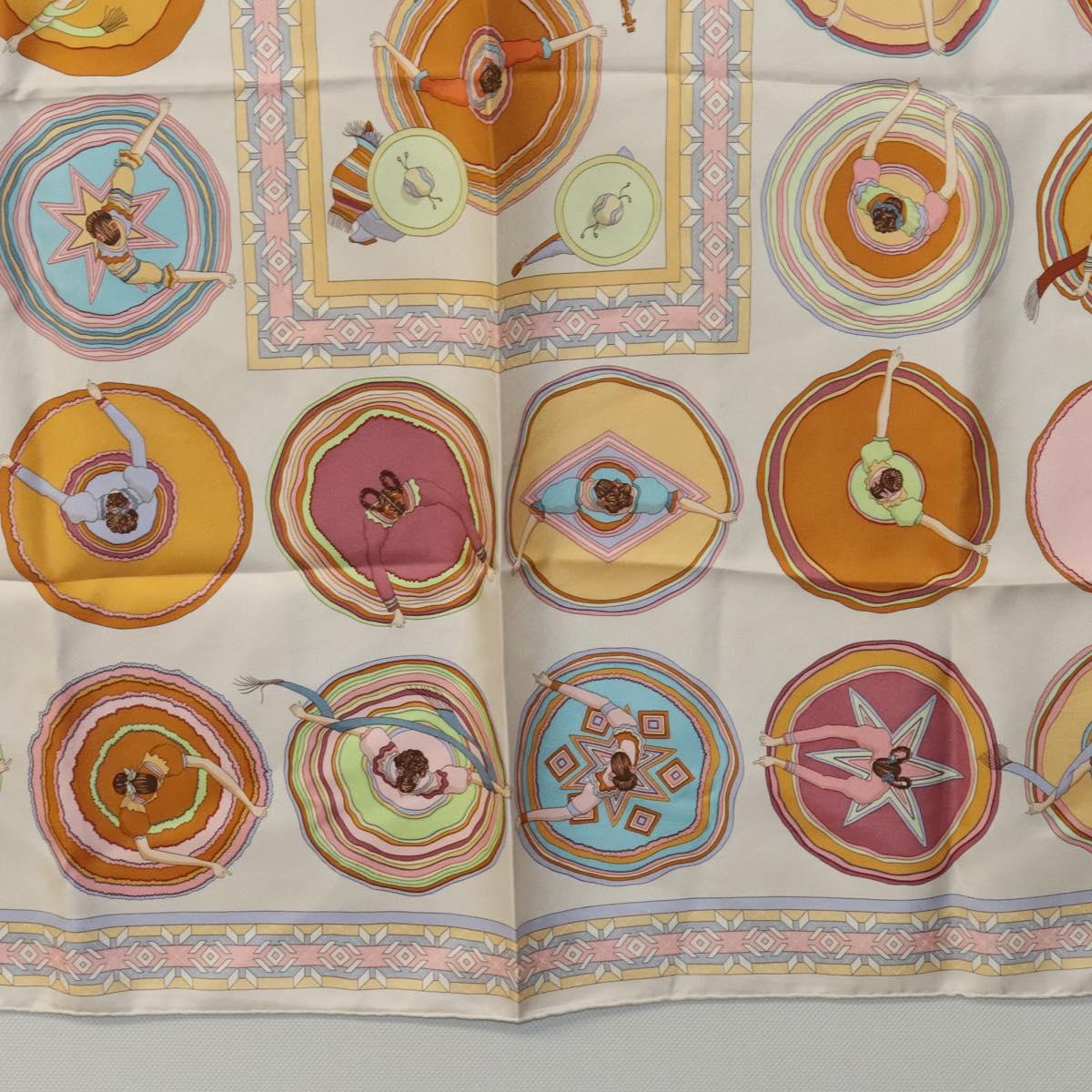HERMES Carre 90 Scarf ""Belles du Mexique"" Silk Beige Auth hk2373