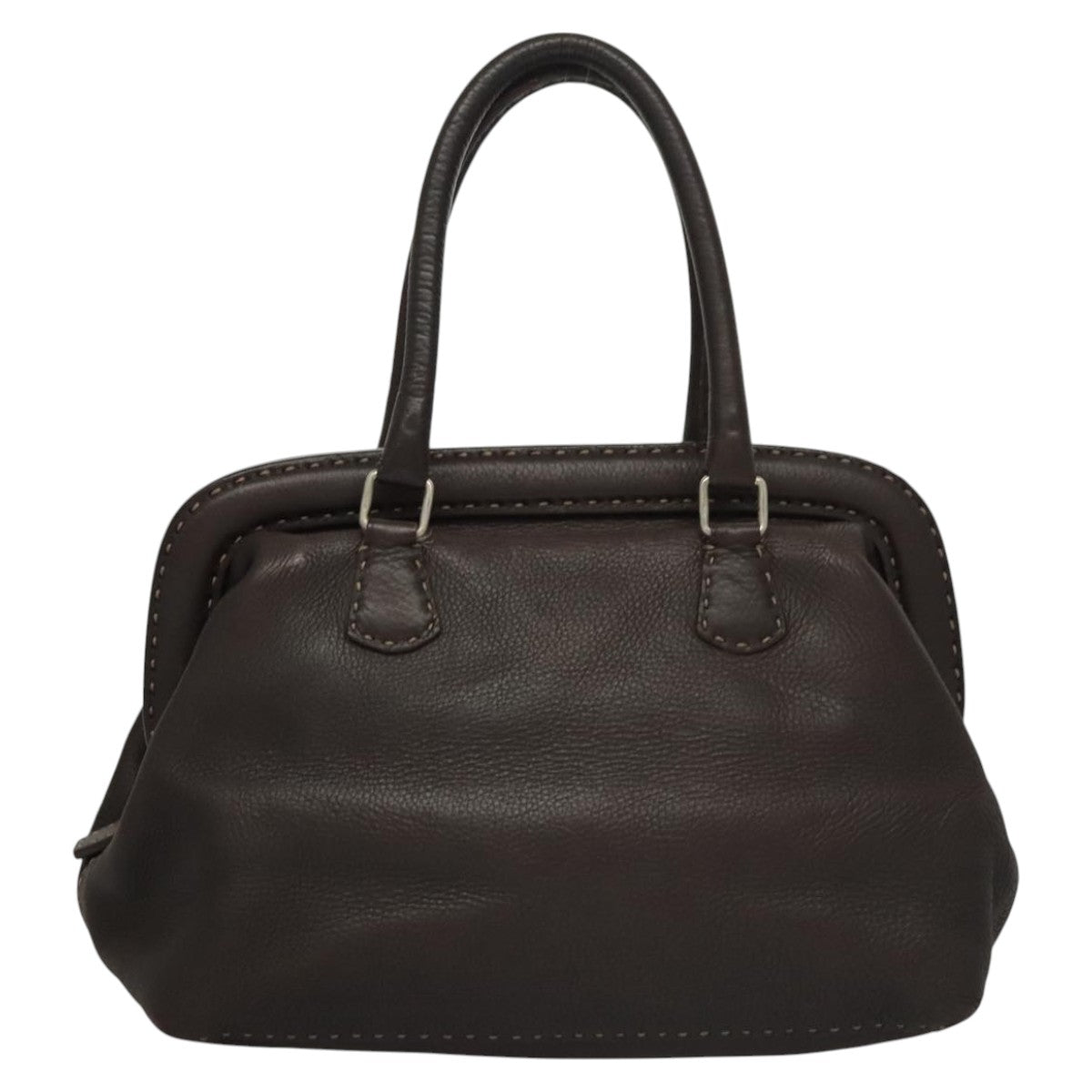 FENDI Celeria Hand Bag Leather Brown Silver Auth hk2399