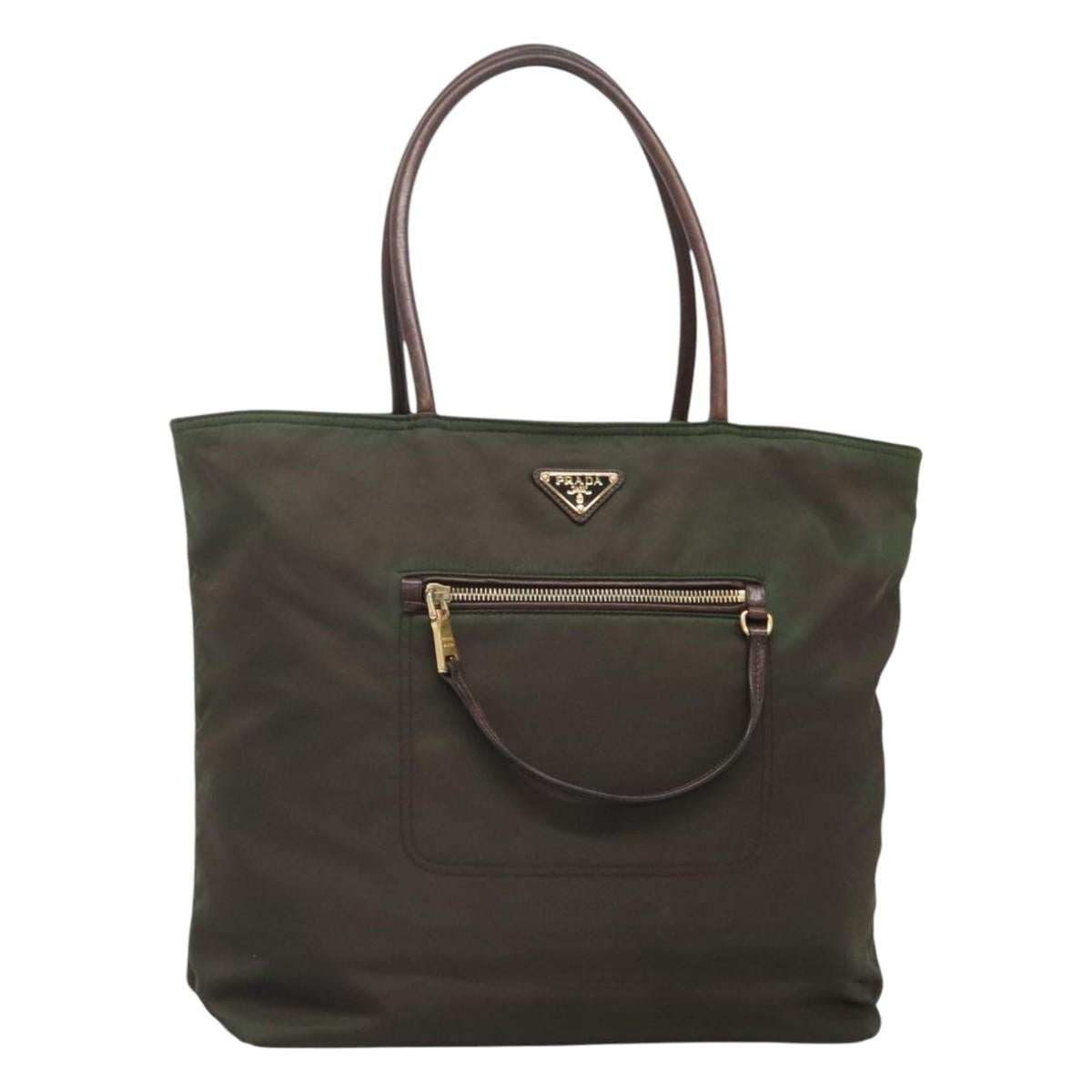 PRADA Tote Bag Nylon Khaki Gold Auth hk2406
