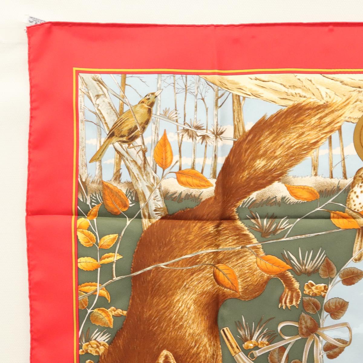HERMES Carre 90 Scarf ""CHASSE AU BOIS "" Silk Red Auth hk2455