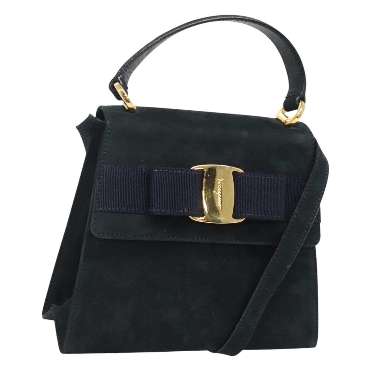 Salvatore Ferragamo Hand Bag Suede 2way Black Gold Auth hk2486