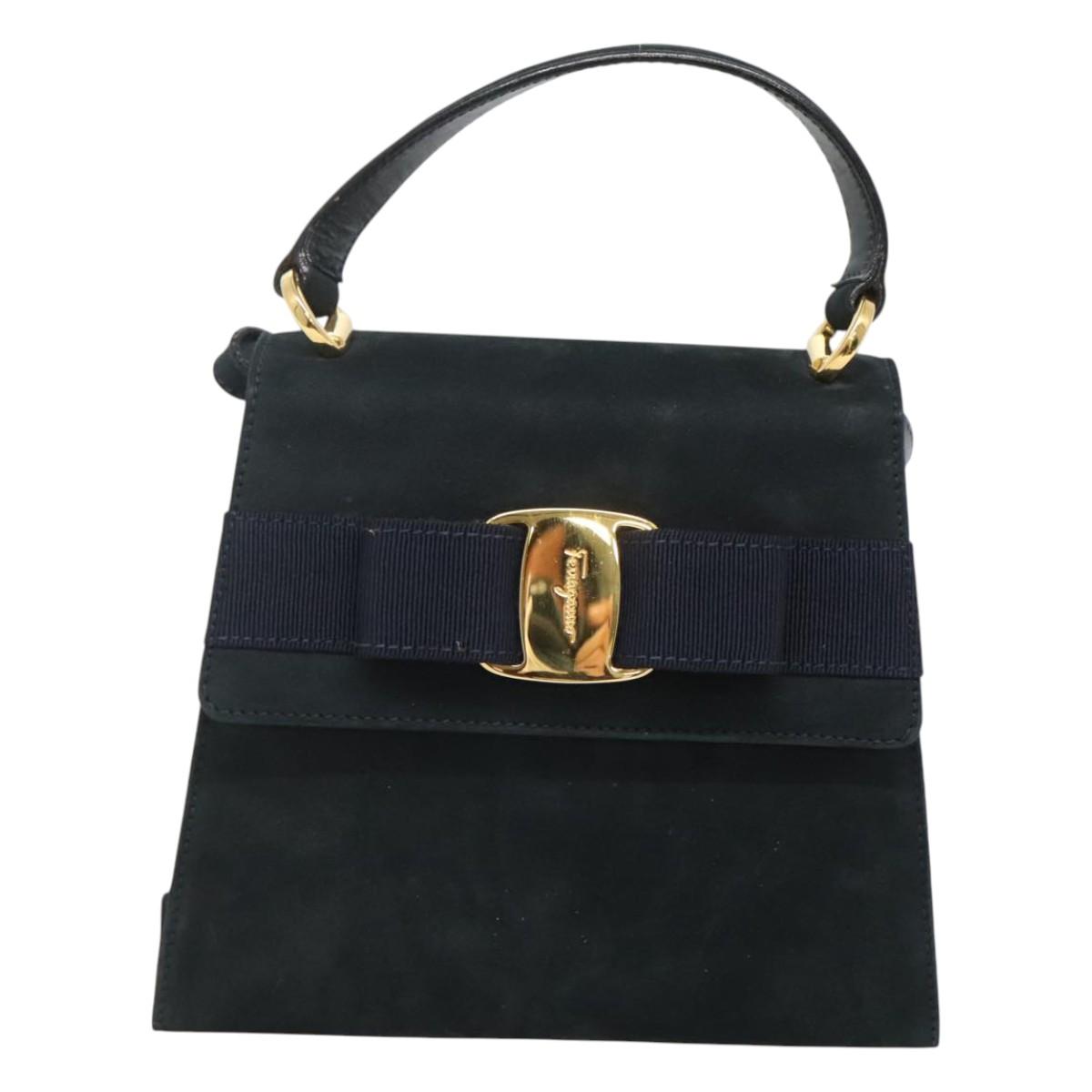 Salvatore Ferragamo Hand Bag Suede 2way Black Gold Auth hk2486