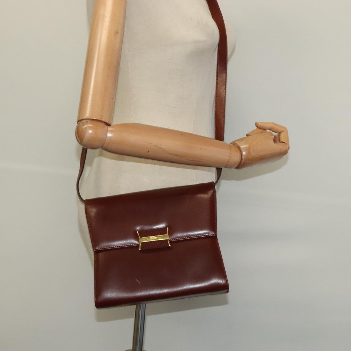 Salvatore Ferragamo Shoulder Bag Leather Brown Gold Auth hk2488