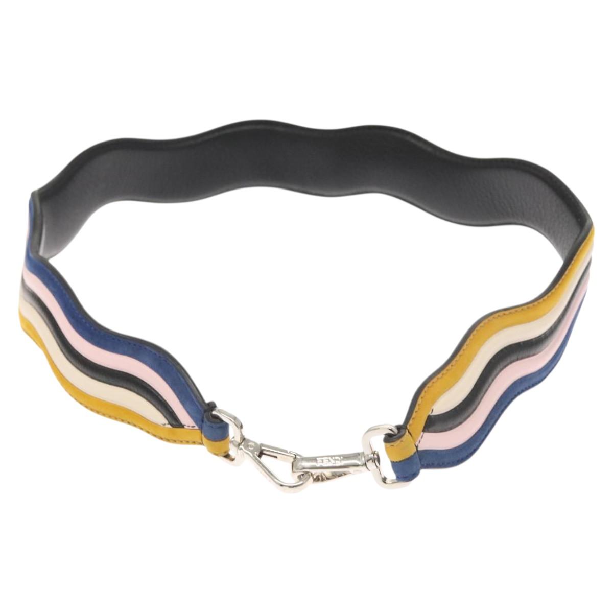 FENDI Strap You Shoulder Strap Leather Black Yellow Auth hk2496