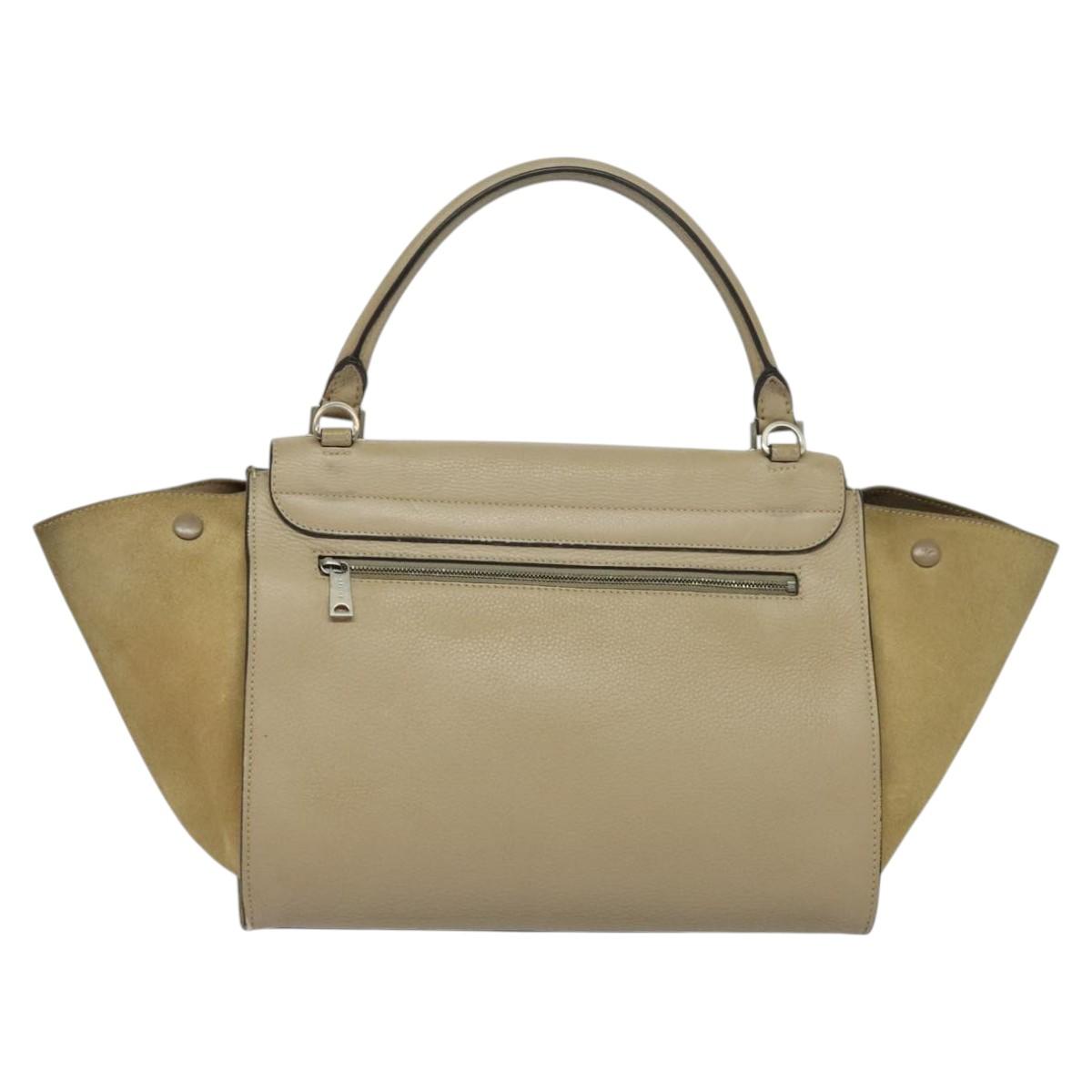 CELINE Trapeze Hand Bag Leather 2way Beige Silver Auth hk2502