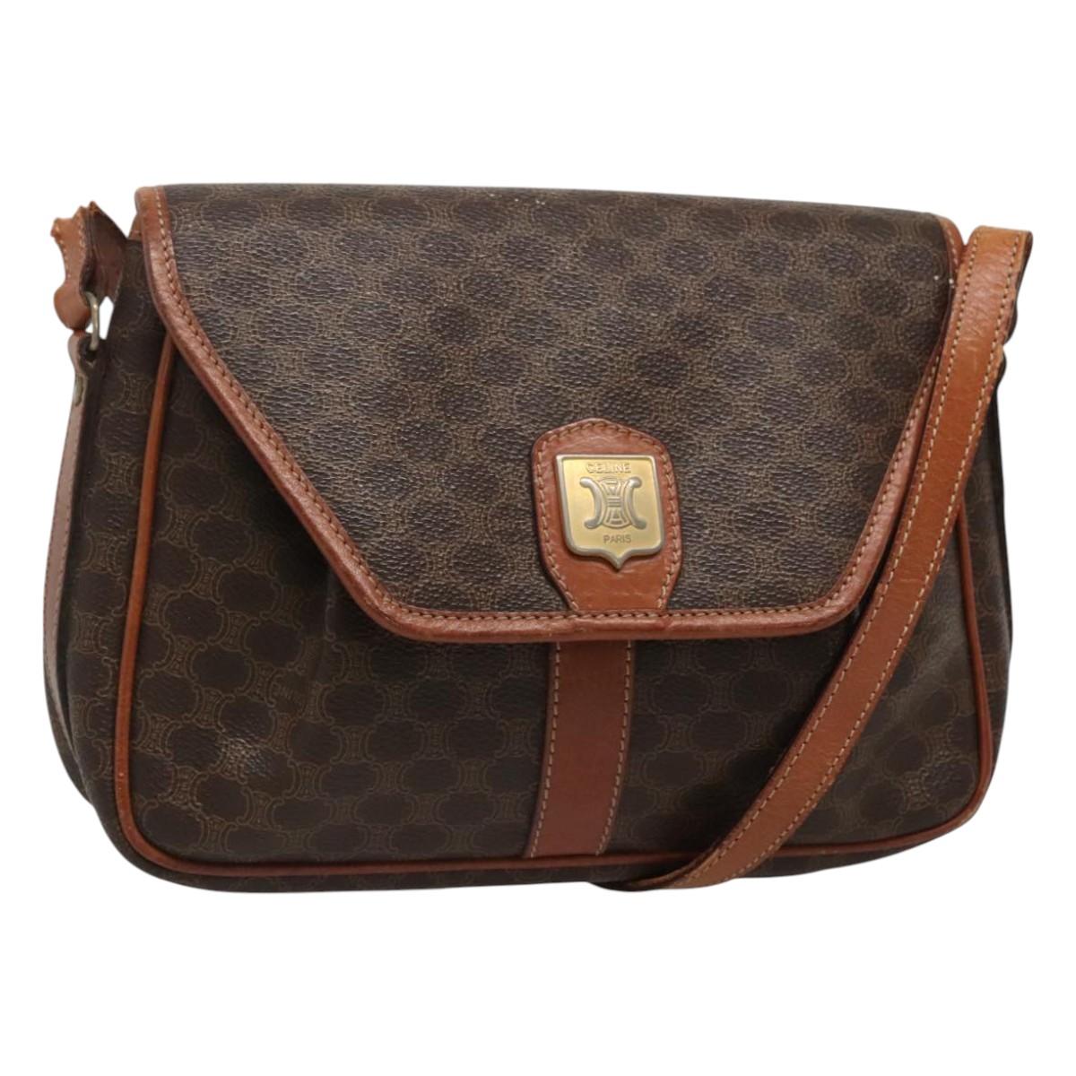 CELINE Macadam Canvas Shoulder Bag PVC Leather Brown Gold Auth hk2506