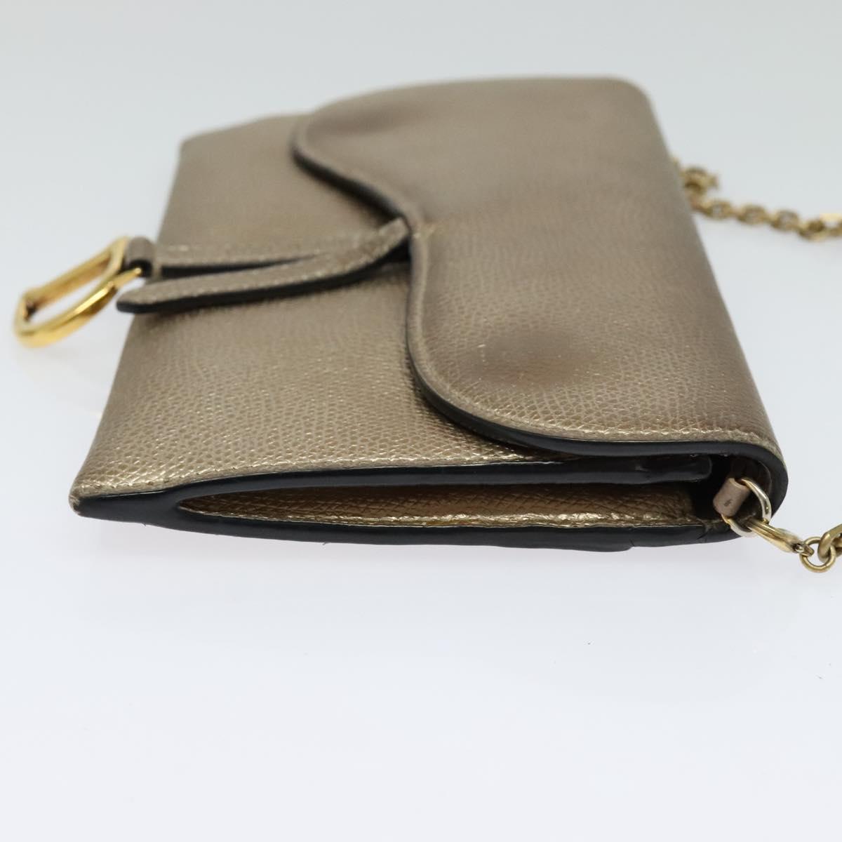 Christian Dior Saddle Chain Wallet Leather Brown Gold Auth hk2524