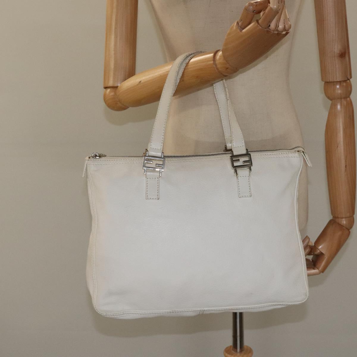 FENDI Hand Bag Leather White Silver Auth hk2612