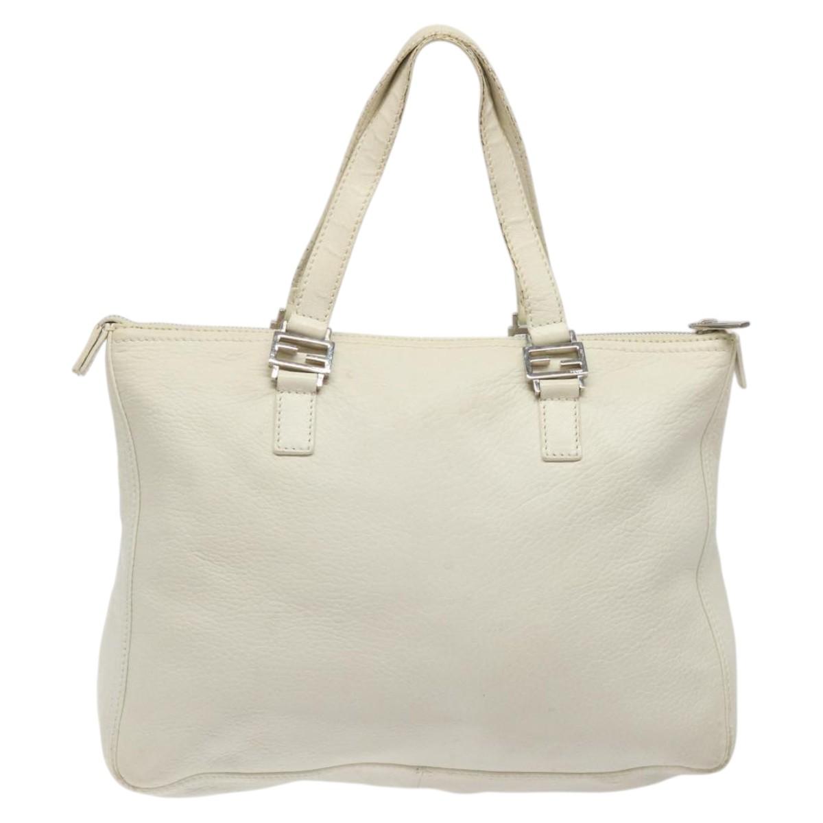 FENDI Hand Bag Leather White Silver Auth hk2612