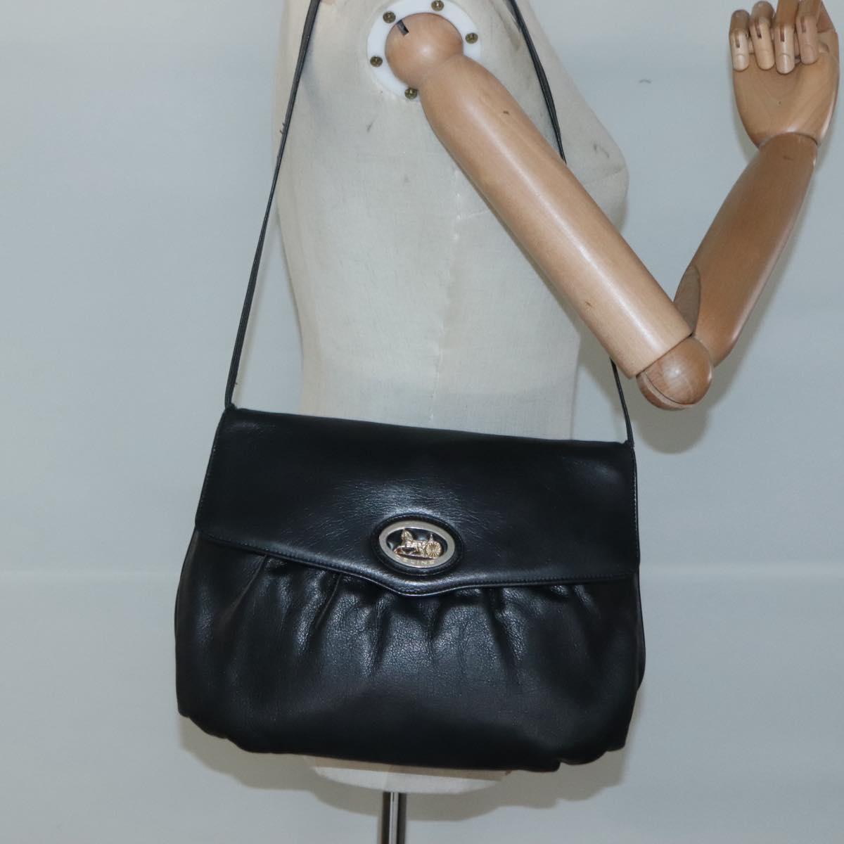 CELINE Shoulder Bag Leather Black Gold Auth hk2624