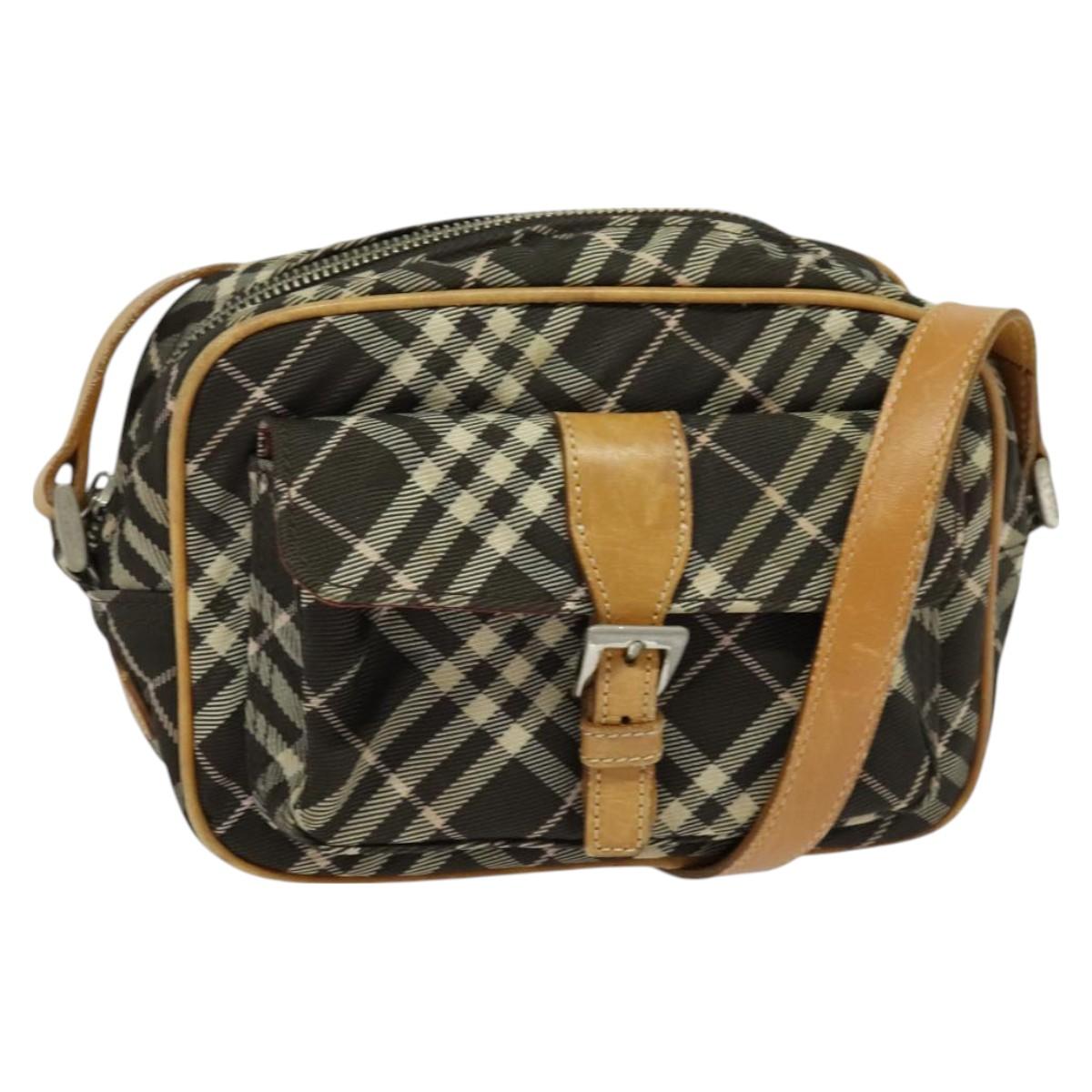 BURBERRY Nova Check Blue Label Shoulder Bag Canvas Brown Silver Auth hk2724
