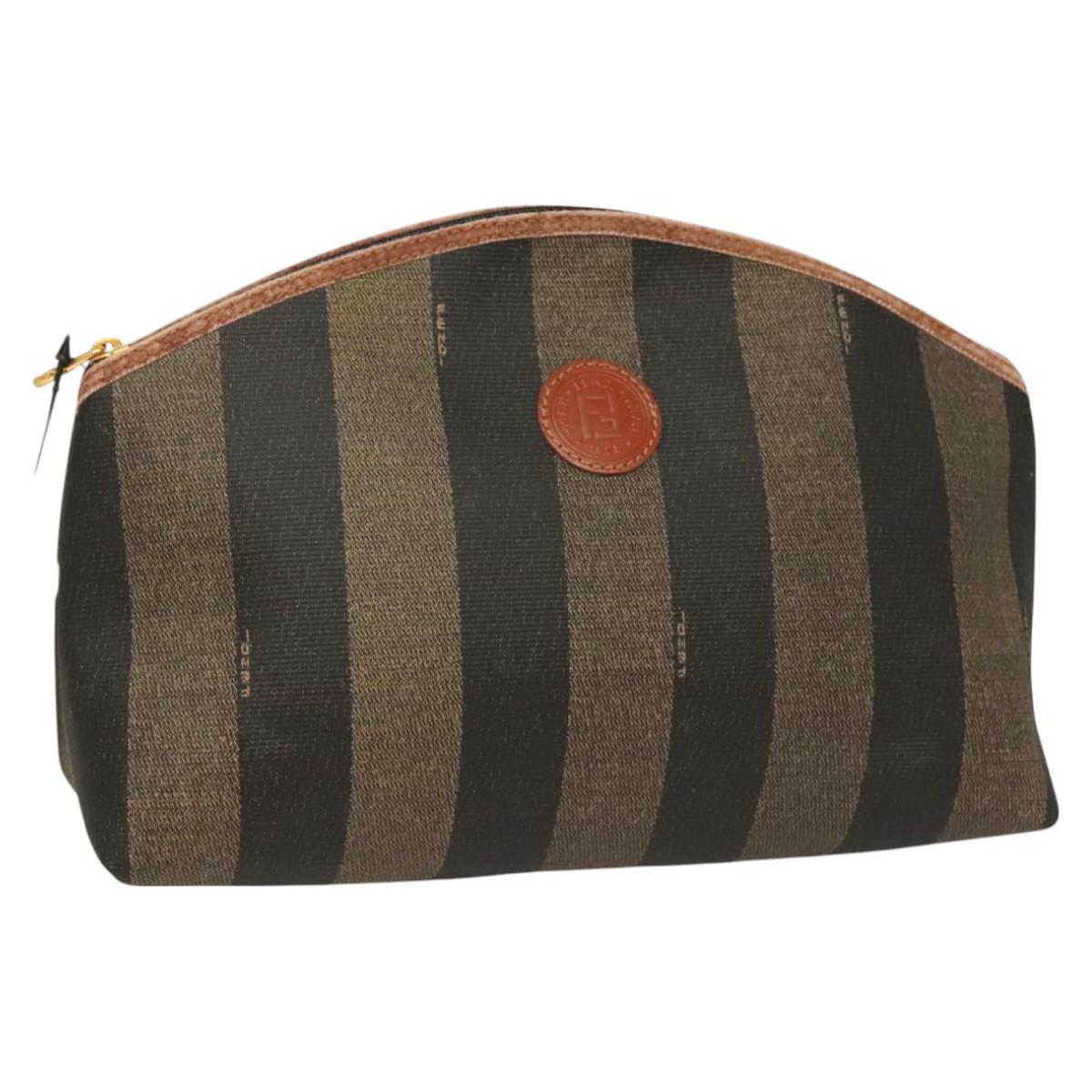 FENDI Pecan Canvas Pouch Black Brown gold Auth hk2781